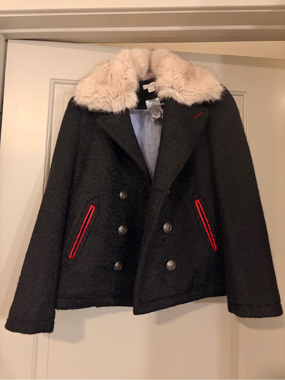 Sundance Double Breasted Bouclé Wool Blend Coat Faux Fur Collar S - Picture 2 of 4